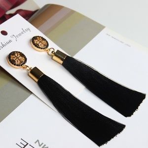 Black Boho Single Tassel Stud Statement Earrings